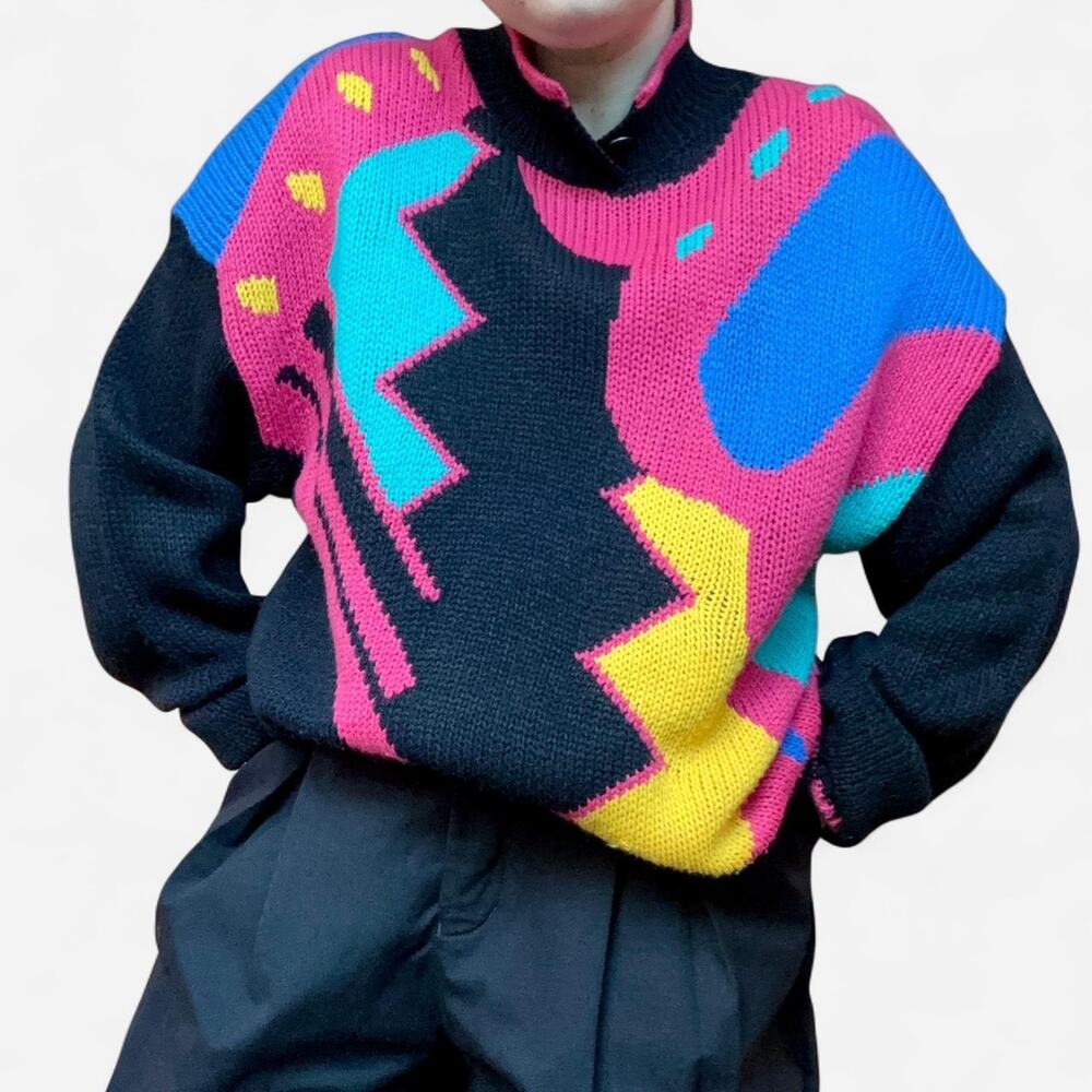 Vintage OOAK Abstract Chunky Sweater One Size, Memphis, Maximalist, Dopamine